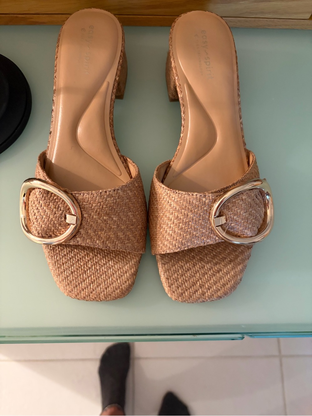 Easy Spirit Tan Straw Woven Slide Mules with Gold Buckle